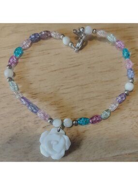 Colorful Beaded Ankle Bracelet White Rose Charm Summer Beach Coastal